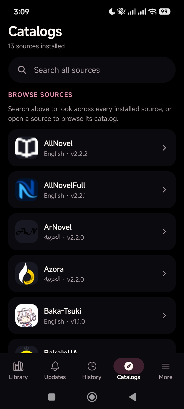 Honya catalogs screen with installed source extensions